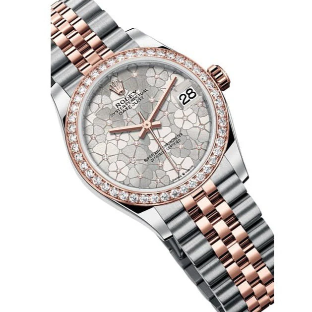 Rolex Steel Gold Diamond Bezel Watch With Silver Floral Diamond Dial - Image 3