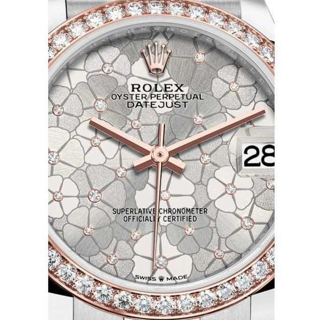 Rolex Steel Gold Diamond Bezel Watch With Silver Floral Diamond Dial - Image 4